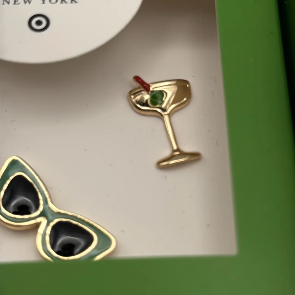 Kate Spade 3 piece Fries Martini Drink Sunglasses Black Green Gold Brooch Set - Picture 3 of 4